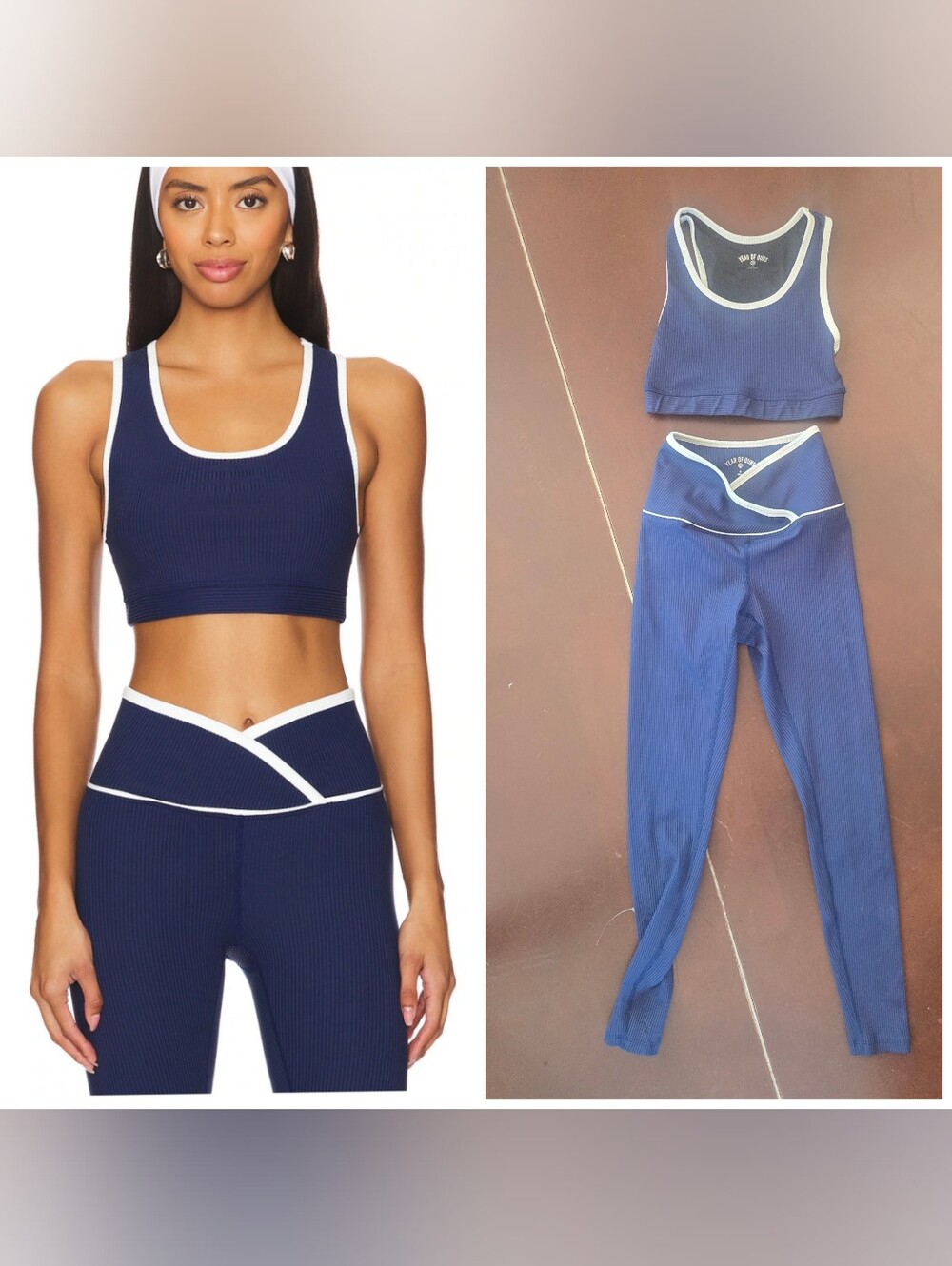 Nwot SET Year Of Ours Navy W White Veronica Leggings S + Gym Bra Xs Ribbed Set